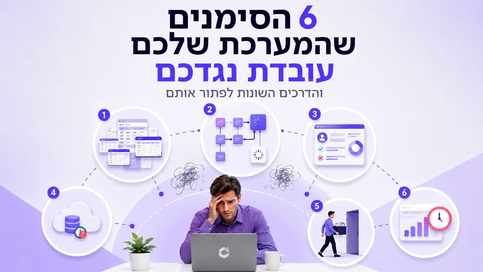 A stressed man at a laptop surrounded by six interconnected circular icons representing a six-step workflow.